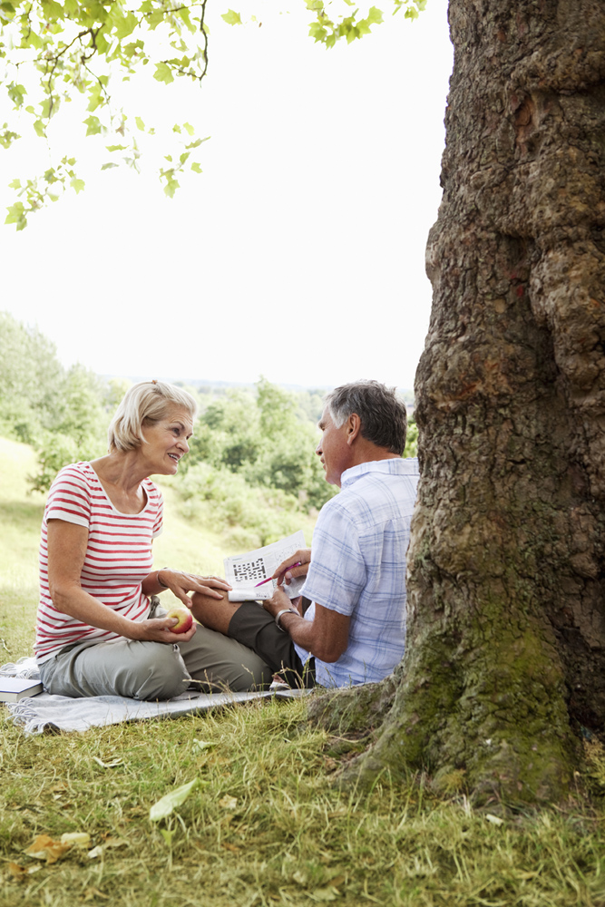 Mature couple doing crosswords in park Stock Photo